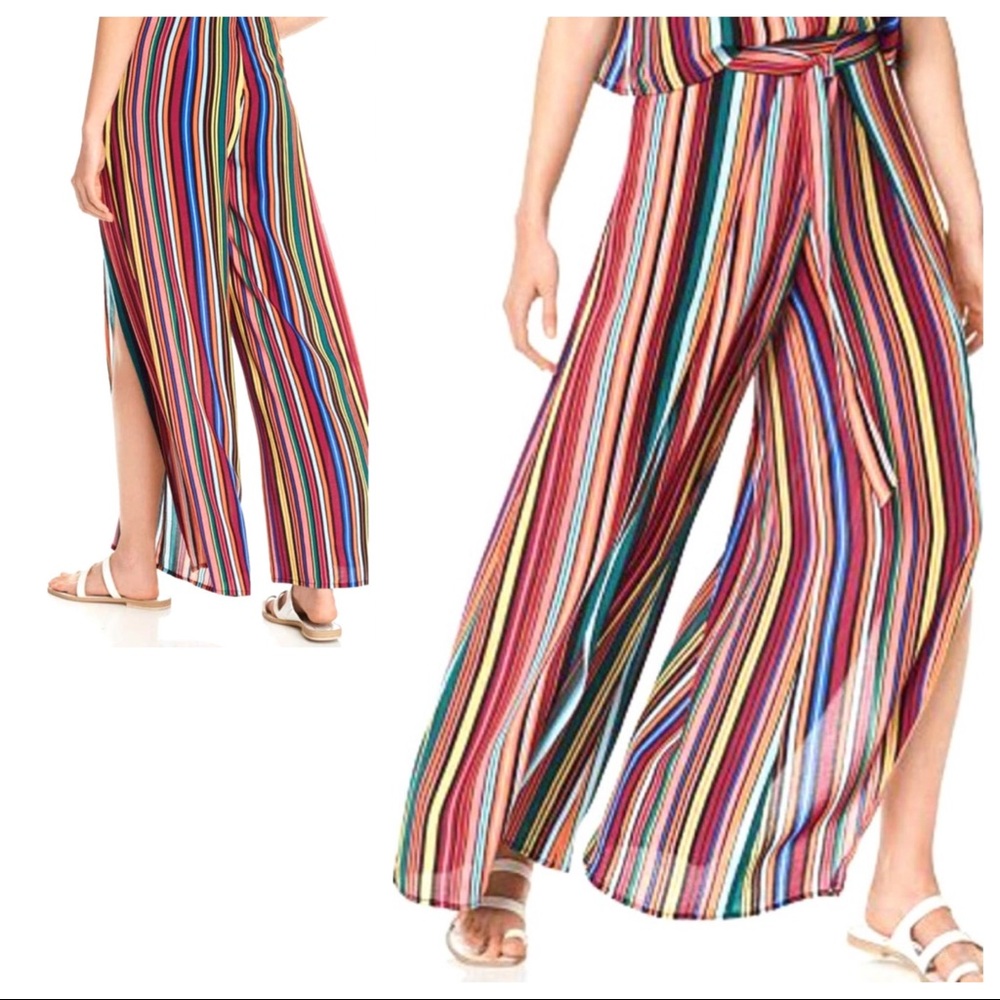 AQUA Faux Wrap Striped Rayon Casual Resort Vacation Wide Leg Boho Retro Pant - Picture 16 of 16